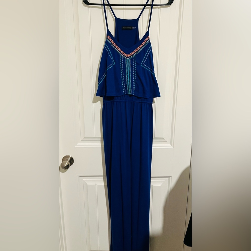 Blue Aztec style floor length dress. Size M